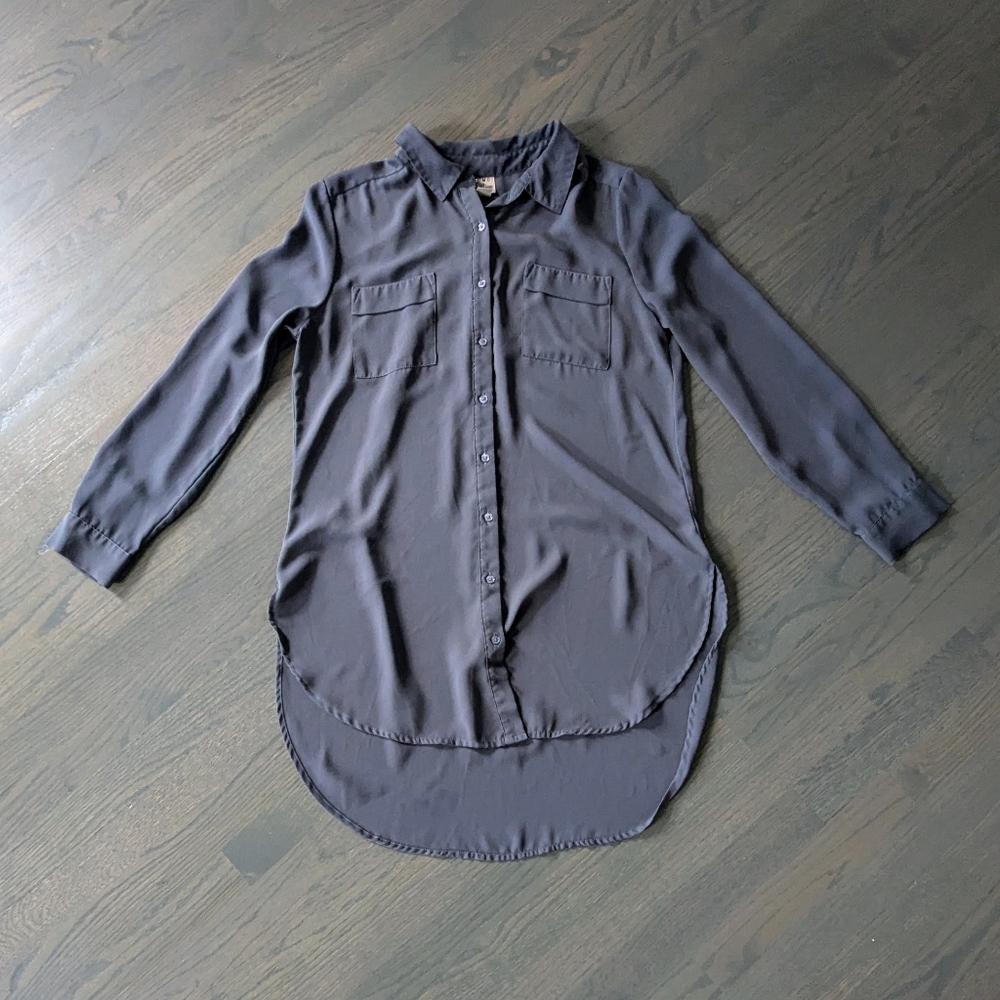 Women's Button Down High Low Long Sleeve Top, Medium, Grey